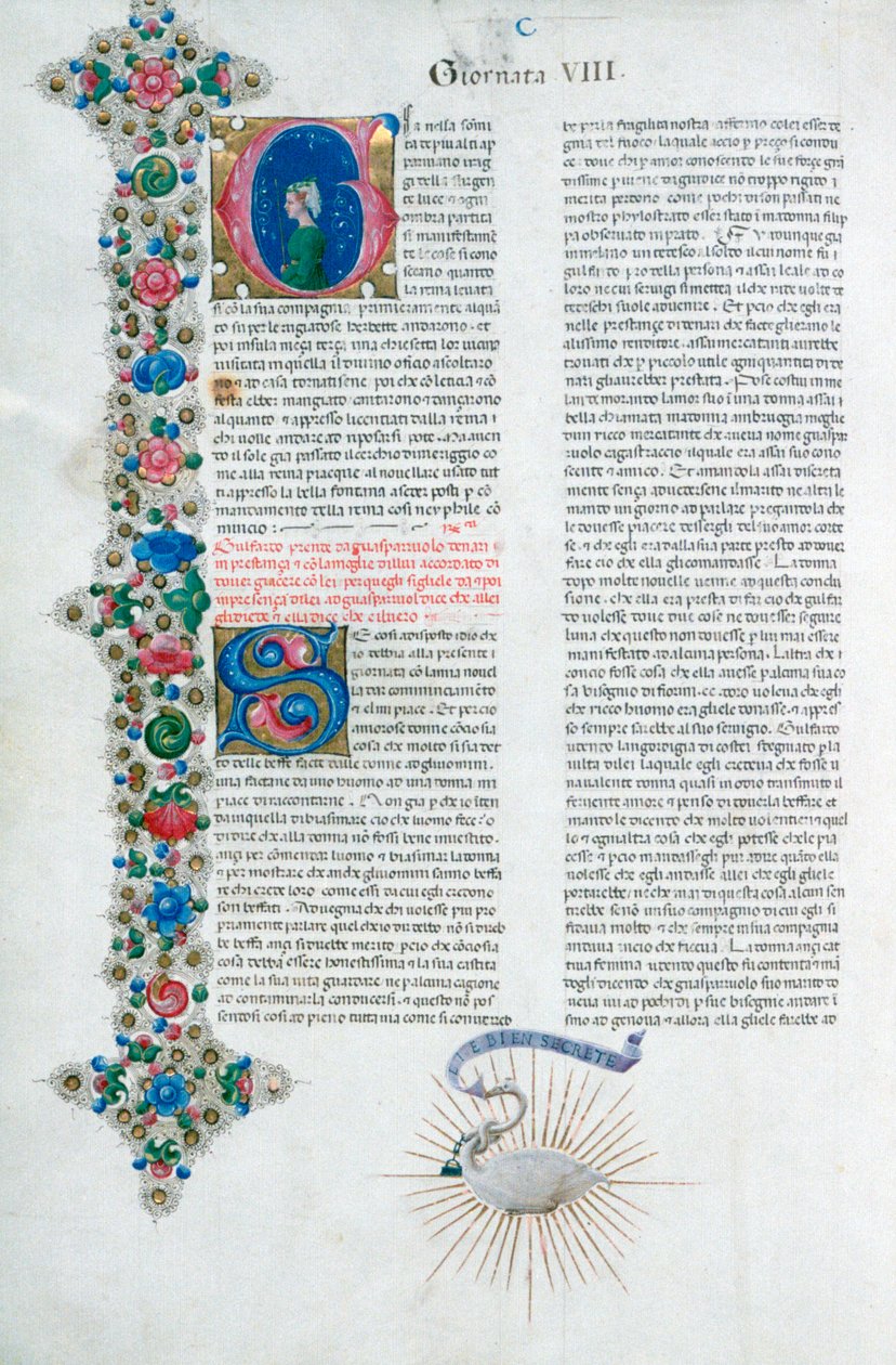 迪卡梅伦（Decameron）的照明手稿页，乔瓦尼·博卡乔（Giovanni Boccaccio），意大利语，c1467。 作者 塔迪奥·克里维利（Taddeo Crivelli）