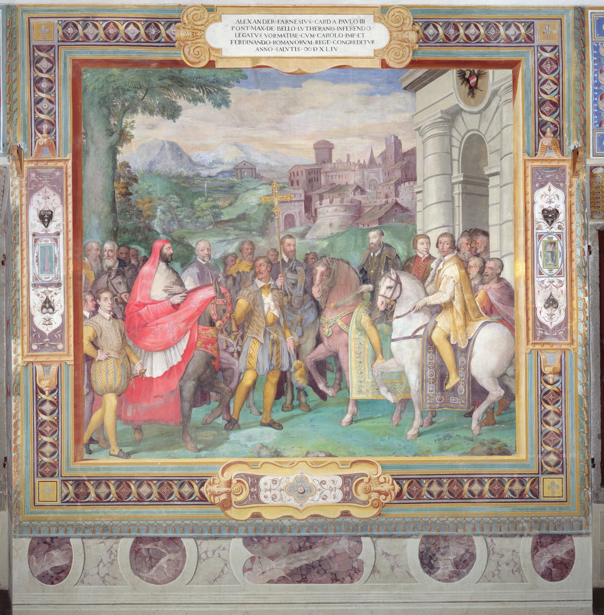 查理五世（1500-58）与Alessandro Farnese（1546-92）在沃尔姆斯，来自&39;Sala dei Fasti Farnese&39;（法尔内塞的辉煌殿堂）1557-66（另见156715） 作者 塔迪奥·祖卡里（Taddeo Zuccari）