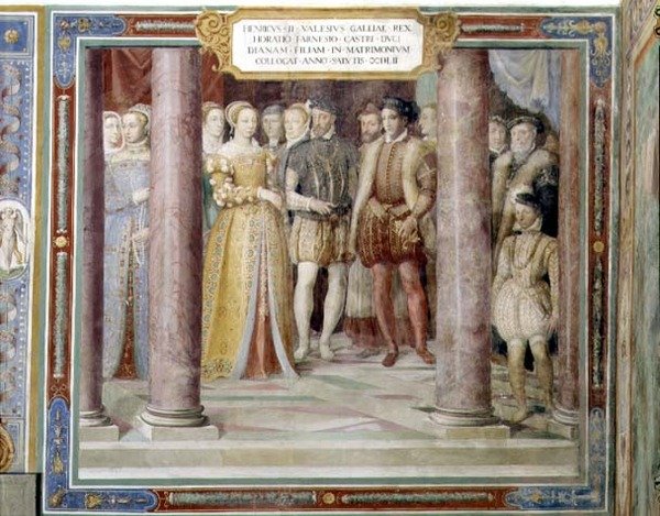 奥拉齐奥-法尔内塞和法国亨利二世的女儿戴安娜的婚礼（1519-59），来自 "法尔内塞厅"（1557-66）（壁画）。 作者 塔迪奥·祖卡罗