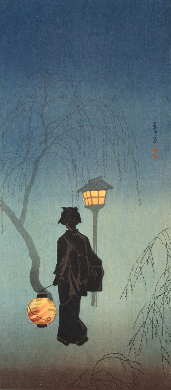 一个灯笼在春天的傍晚（彩色木版画打印）的女人 作者 高桥昭帝