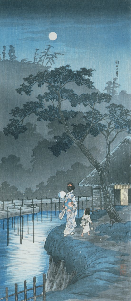 女人、孩子和月亮（彩色木版画） 作者 高桥弘明
