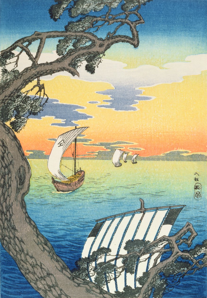 返回船，c.1930s（彩色木版画） 作者 高桥弘明
