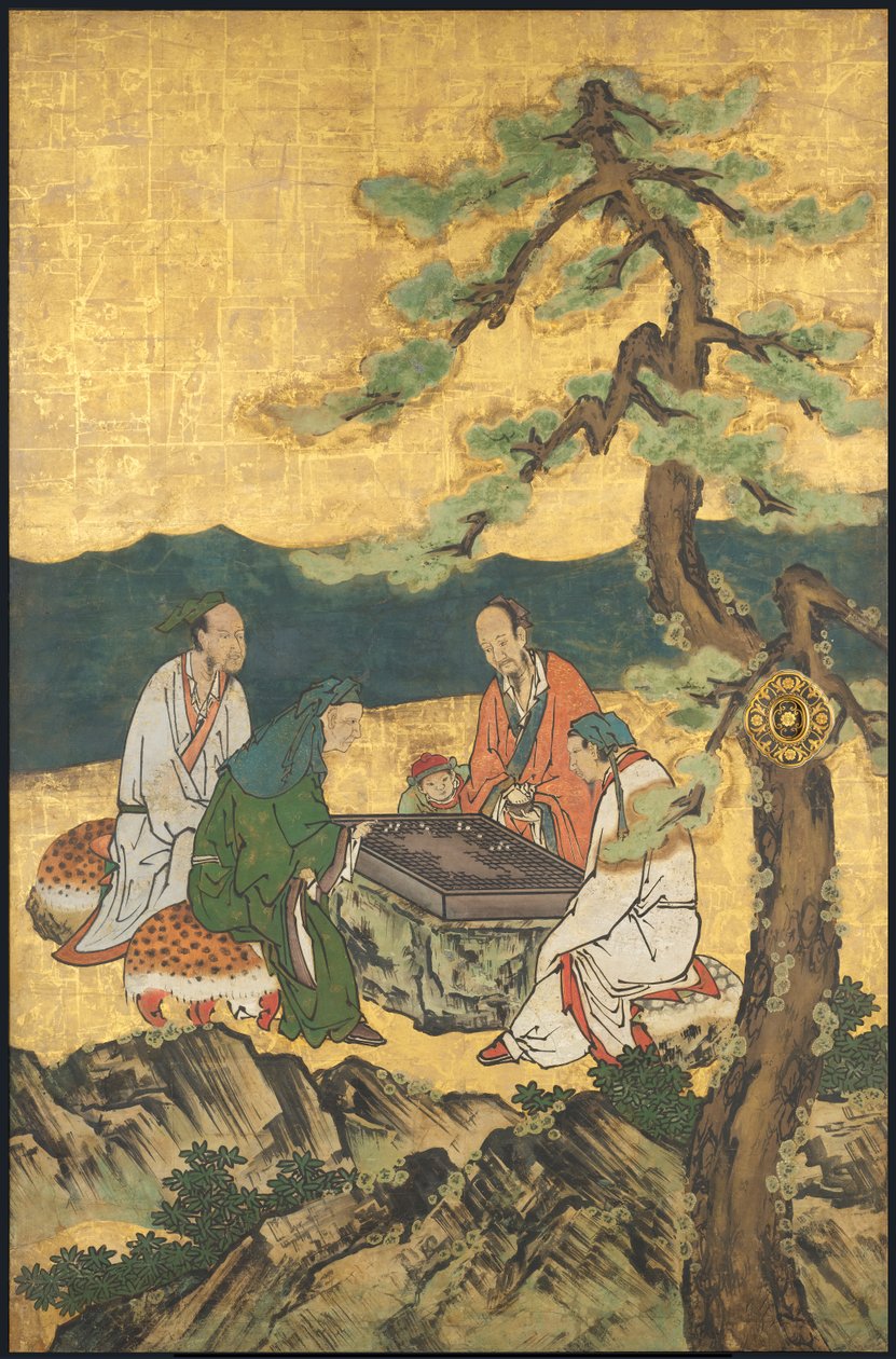 围棋，选自《四
成就，17 世纪初（滑动屏风；纸面墨水、彩色和金色） 作者 加野孝信
