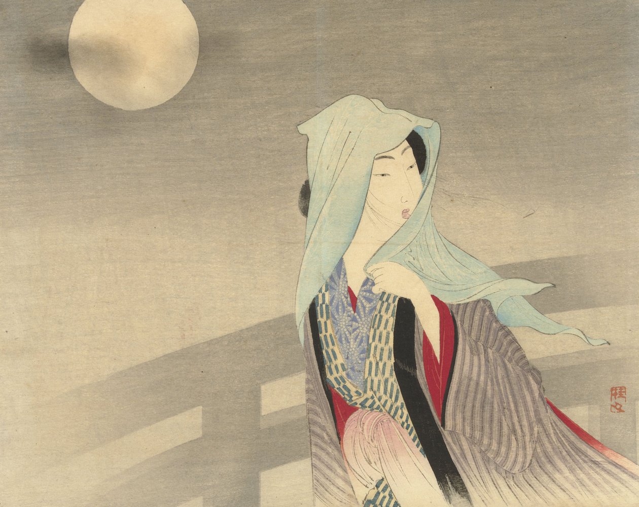 月光下的一座桥上的蒙着面纱的女人，1900-25（彩色木刻） 作者 竹内启史竹内启史