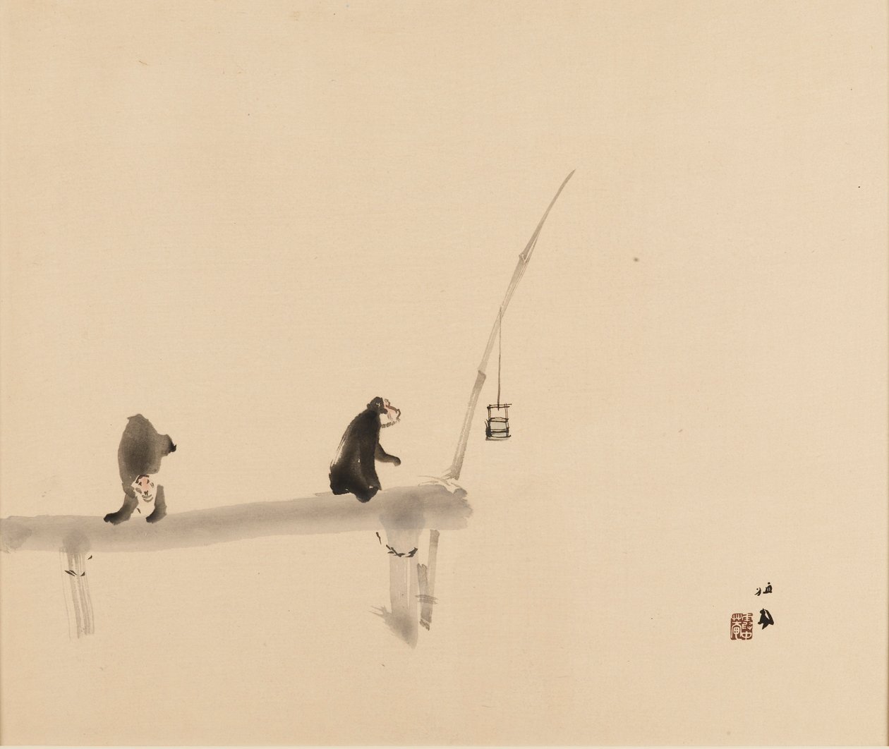 木版画 - 码头上的两只猴子，19世纪末-20世纪初 作者 竹内精工