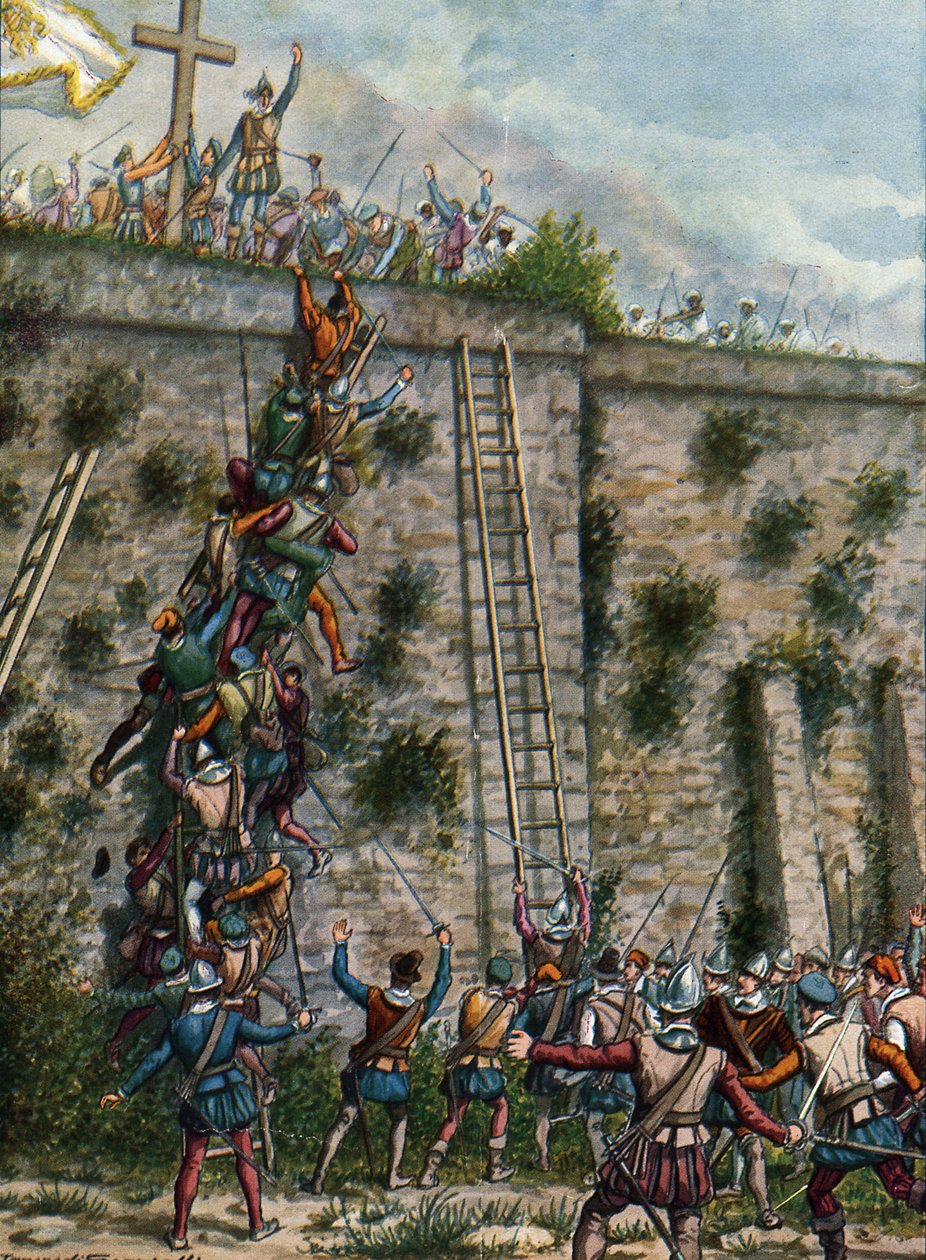 1513年2月Afonso Albuquerque士兵攻击亚丁，1936年航海家历史插图 作者 坦克雷迪·斯卡佩利