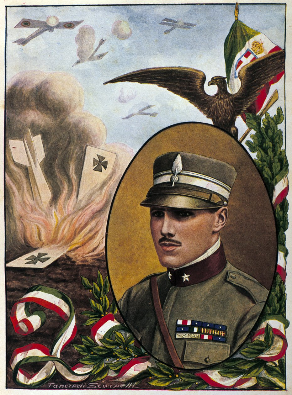 关于在 1918 年战斗中阵亡的意大利空军少校弗朗西斯科·巴拉卡 (1888-1918) 英雄的寓言。由 Tancredi Scarpelli 绘制。 米兰人。 作者 坦克雷迪·斯卡佩利
