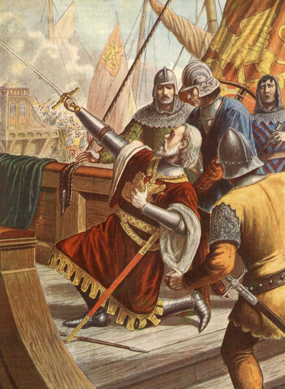 1379 年，意大利海军上将卢西亚诺-多利亚在热那亚和威尼斯战争中阵亡，插图，30 年代 作者 坦克雷迪·斯卡佩利