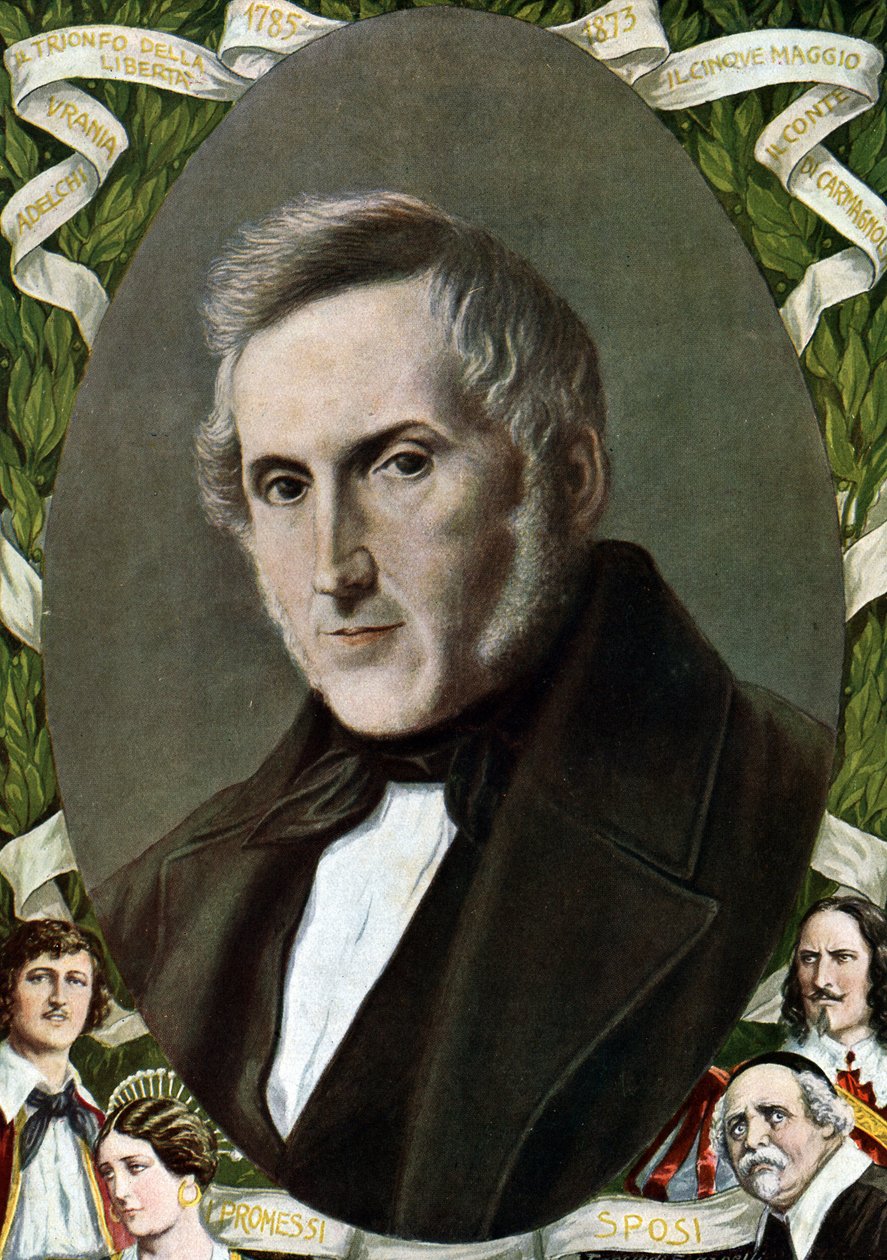 意大利作家亚历山德罗·曼佐尼 (Alessandro Manzoni，1785 - 1873 年) 的肖像坦克雷迪·斯卡佩利 (Tancredi Scarpelli，1866-1937 年) 插图，选自保罗·朱迪奇 (Paolo Giudici) 的《Storia d