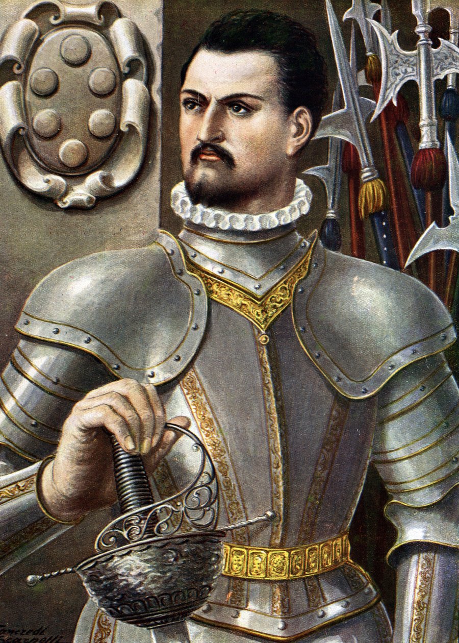 让·德·梅迪西斯 (Jean de Medicis) 的肖像，被称为 Jean des Bands Noires (Giovanni dalle Bande Nere) (1498-1526) 意大利领导人 插图由坦克雷迪·斯卡佩利 (Tancredi Scarpelli) (1866-1937) 绘制，选自保罗·朱迪奇 (Paolo Giudici) 的“Storia d