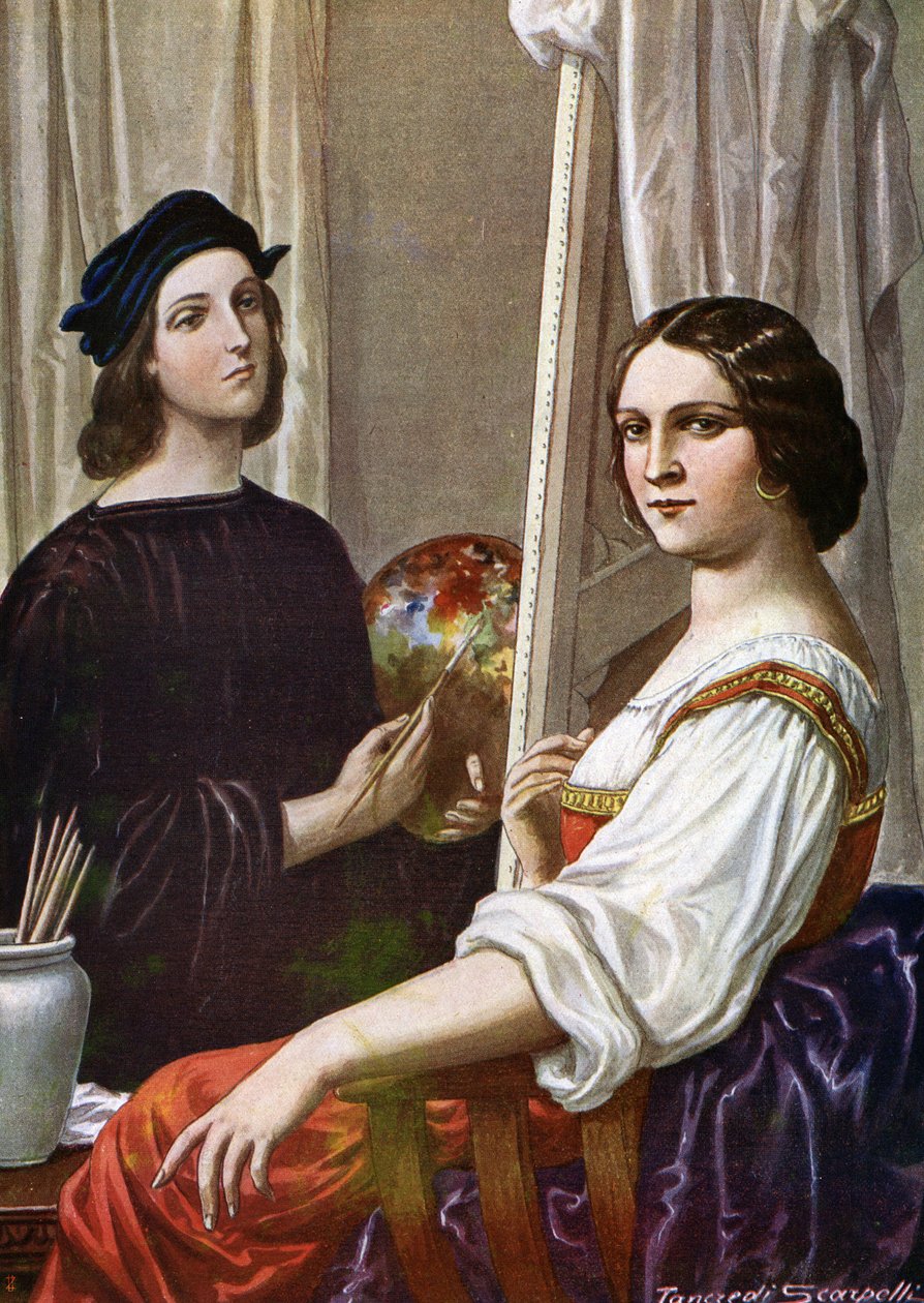 画家拉斐尔（Raffaello Sanzio，1483 - 1520 年）画的 Fornarina 肖像（意大利画家拉斐尔和被称为 Fornarina 的年轻女士），插图作者：Tancredi Scarpelli（1866-1937 年），选自保罗-朱迪著《意大利史》（Storia d