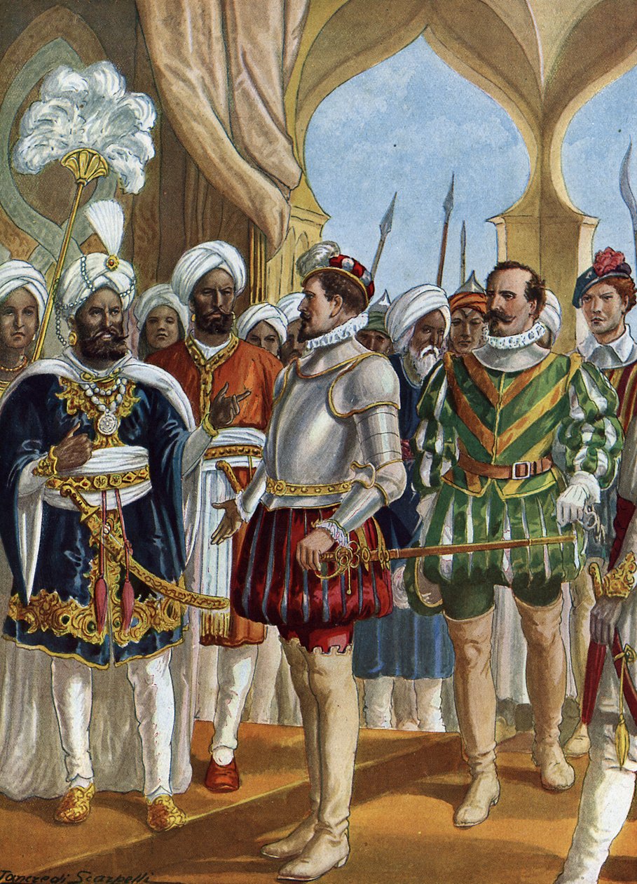 Portuguese navigator Pedro Alvares Cabral (1460-1526) at the court of the king (Zamorin) of Calicut (Kozhikode) on 13/09/1500 to negociate the establishment of a counter, India (portughese navigator Pedro Alvares Cabral negociating with the Zamorin in Cali 作者 坦克雷迪·斯卡佩利