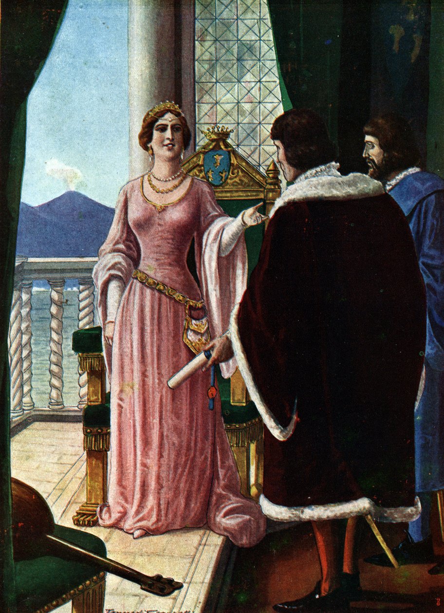 那不勒斯王后乔安娜二世（Giovanna di Napoli 或 Anjou Durazzo）（1373-1435 年）指定她的养子安茹的路易三世（1403-1434 年）（那不勒斯王后乔安娜二世选择路易三世为那不勒斯国王），插图由 Tancredi Scarpelli（1866-1937 年）绘制，选自《Sto》。 作者 坦克雷迪·斯卡佩利