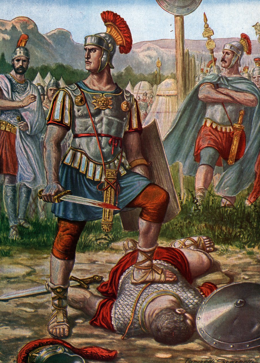 罗马古物：公元前 361 年，执政官 Titus Manlius Imperiosus Torquatus 击败一名高卢人的场景 - （公元前 361 年，Titus Manlius Torquatus 与一名挑战罗马军队的高卢战士搏斗并将其击毙），插图作者：Tancredi Scarpelli（1866-193 年）。 作者 坦克雷迪·斯卡佩利