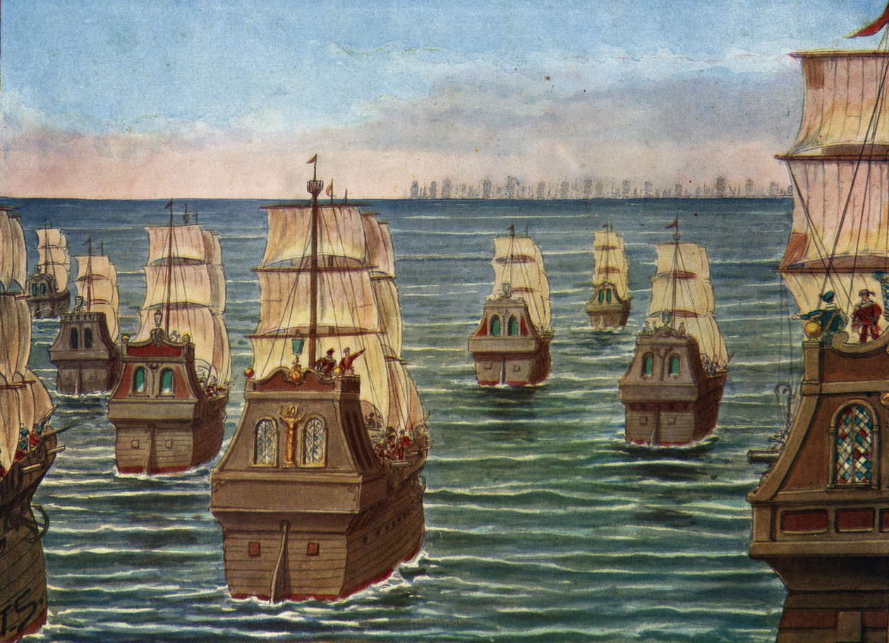 坎纳诺海战于 1506 年 3 月在印度坎纳诺尔港附近发生，双方为卡利卡特萨莫林的印度舰队和阿尔梅达总督之子洛伦科·德·阿尔梅达领导的葡萄牙舰队）坦克雷迪·斯卡佩利在《》中的插图 作者 坦克雷迪·斯卡佩利