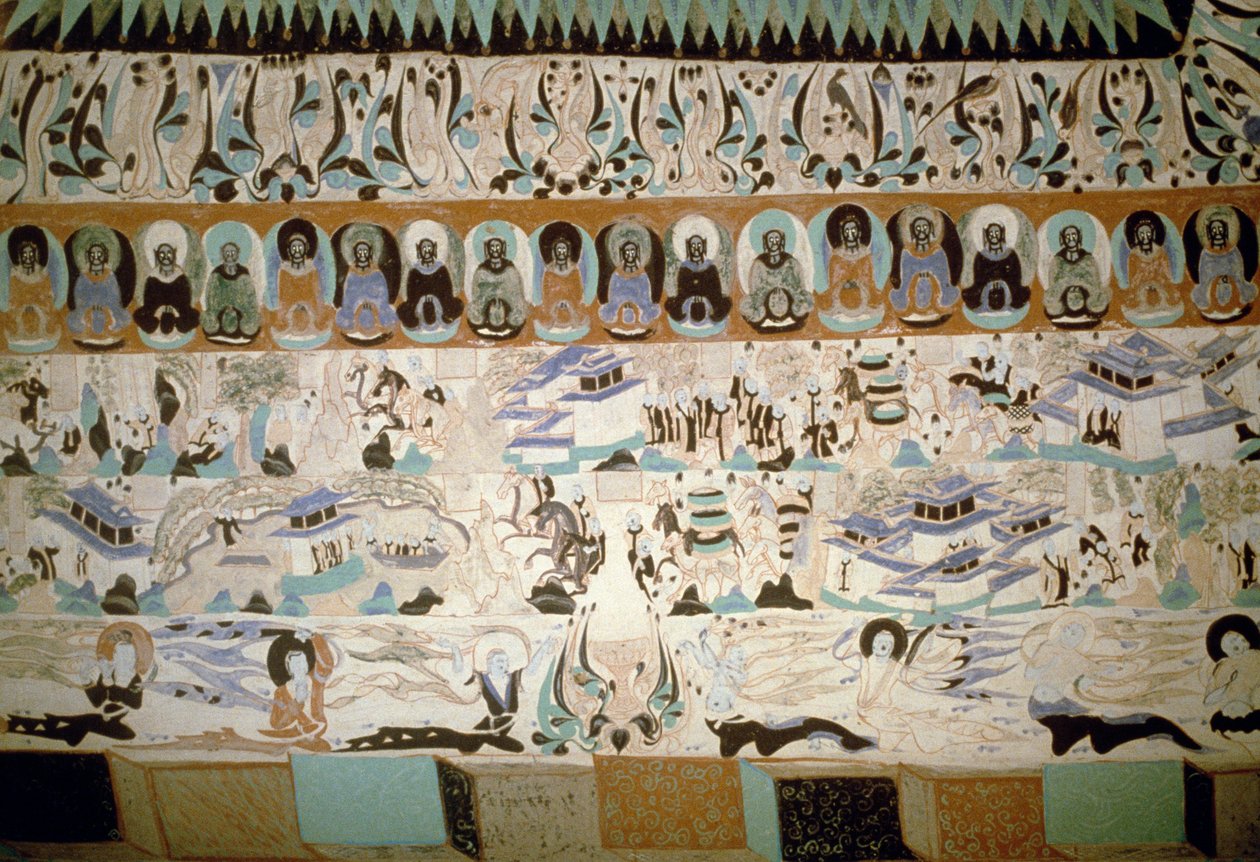 佛像和日常生活场景，可追溯至中国唐朝的壁画，7-10世纪 作者 唐代中文学校