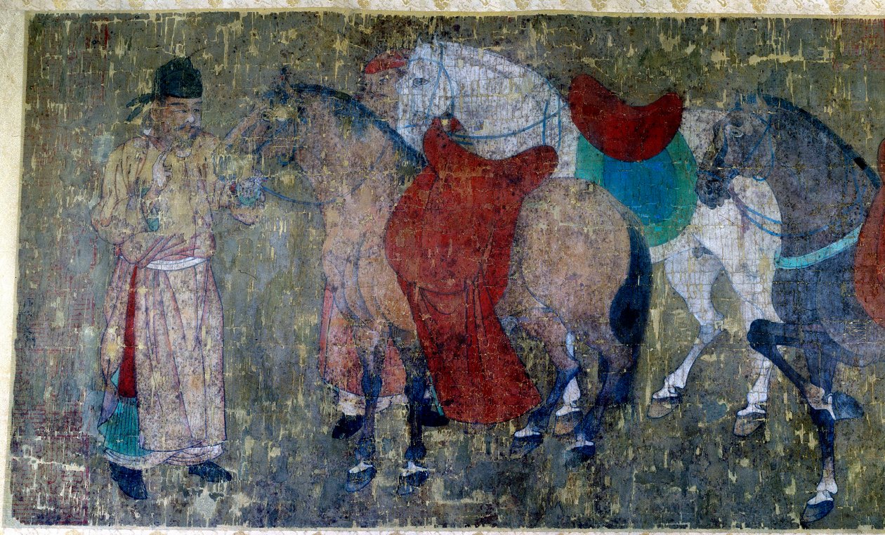 中国艺术：“两个厩马驾四匹马”” 唐玄宗（公元 712-756 年）宫廷画家韩侃的帛书残片细节。 唐期。 暗淡。 50x141 厘米巴黎博物馆塞努斯基 作者 唐代中文学校
