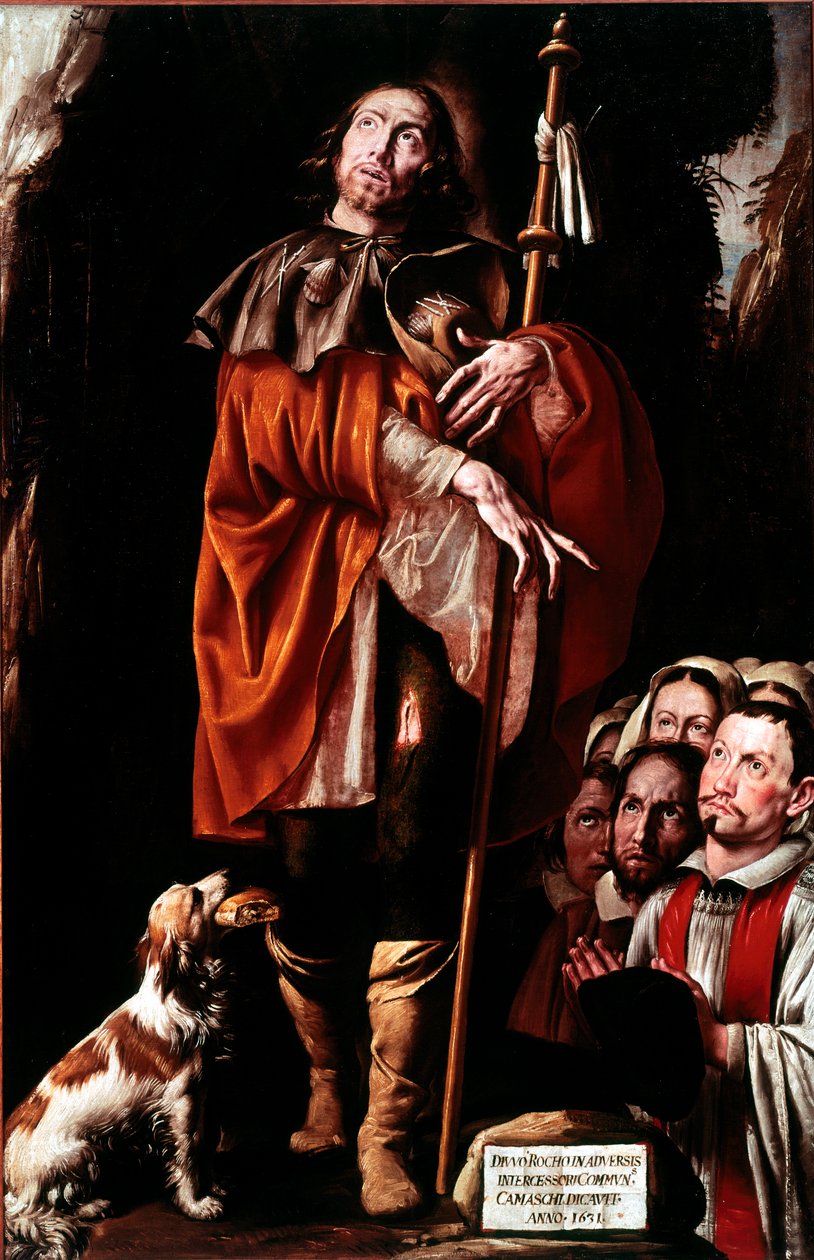 圣罗克（Saint Roch）圣人在腿上carries着瘟疫。 Tanzio da Varallo绘画 作者 瓦拉洛之舞
