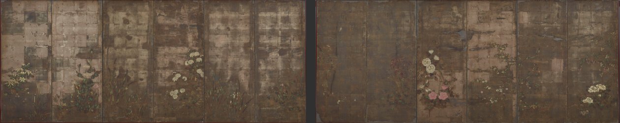 四季花卉，屏幕（六面板），1600-1630（纸上银色） 作者 田原谷宗达