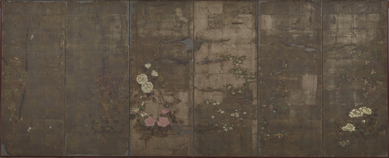 四季花卉，屏幕（六面板），1600-30（纸上银色） 作者 田原谷宗达