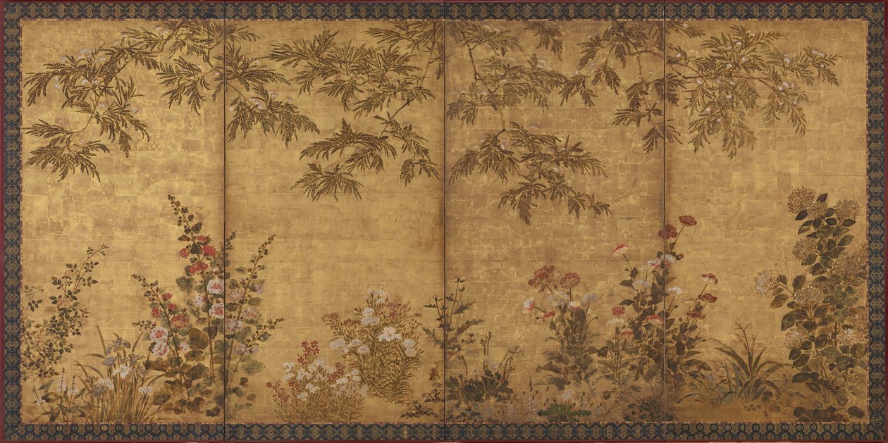 含羞草树、罂粟花和其他夏季花卉，江户时期，1630-1670。 作者 田原屋漱雪
