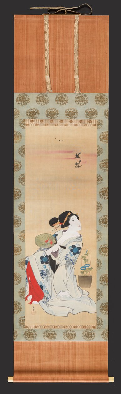 手持扇子的美女坐在盆子旁边
牵牛花，约1830-44年（丝绸上的水墨和彩色）。 作者 Teisai Hokuba