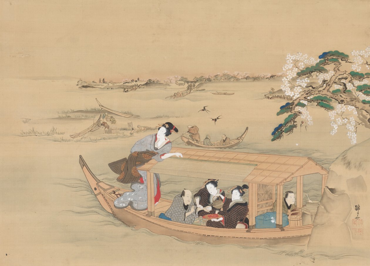 1800年代乘船前往吉原。 作者 Teisai Hokuba