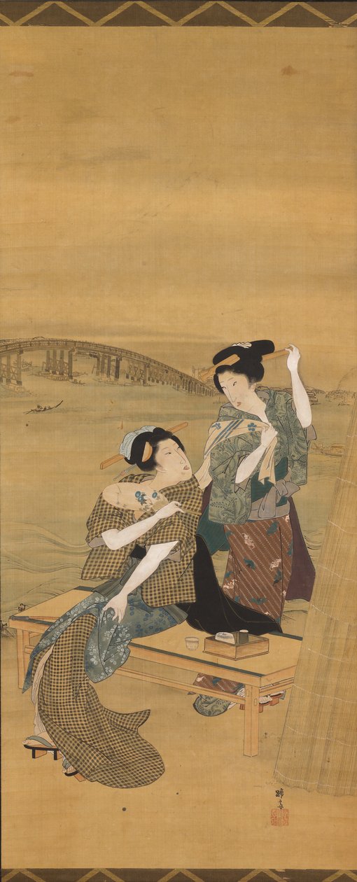两位美丽的女士在俯瞰东桥的茶店里稍作停留 作者 Teisai Hokuba