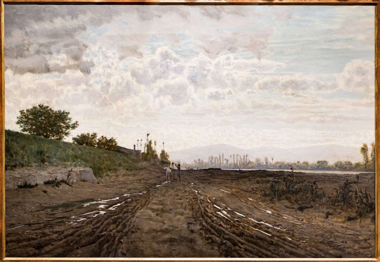 阿尔诺河沿岸的早晨。 阿尔诺河沿岸的挖沙者，c.1868（布面油画） 作者 Telemaco Signorini