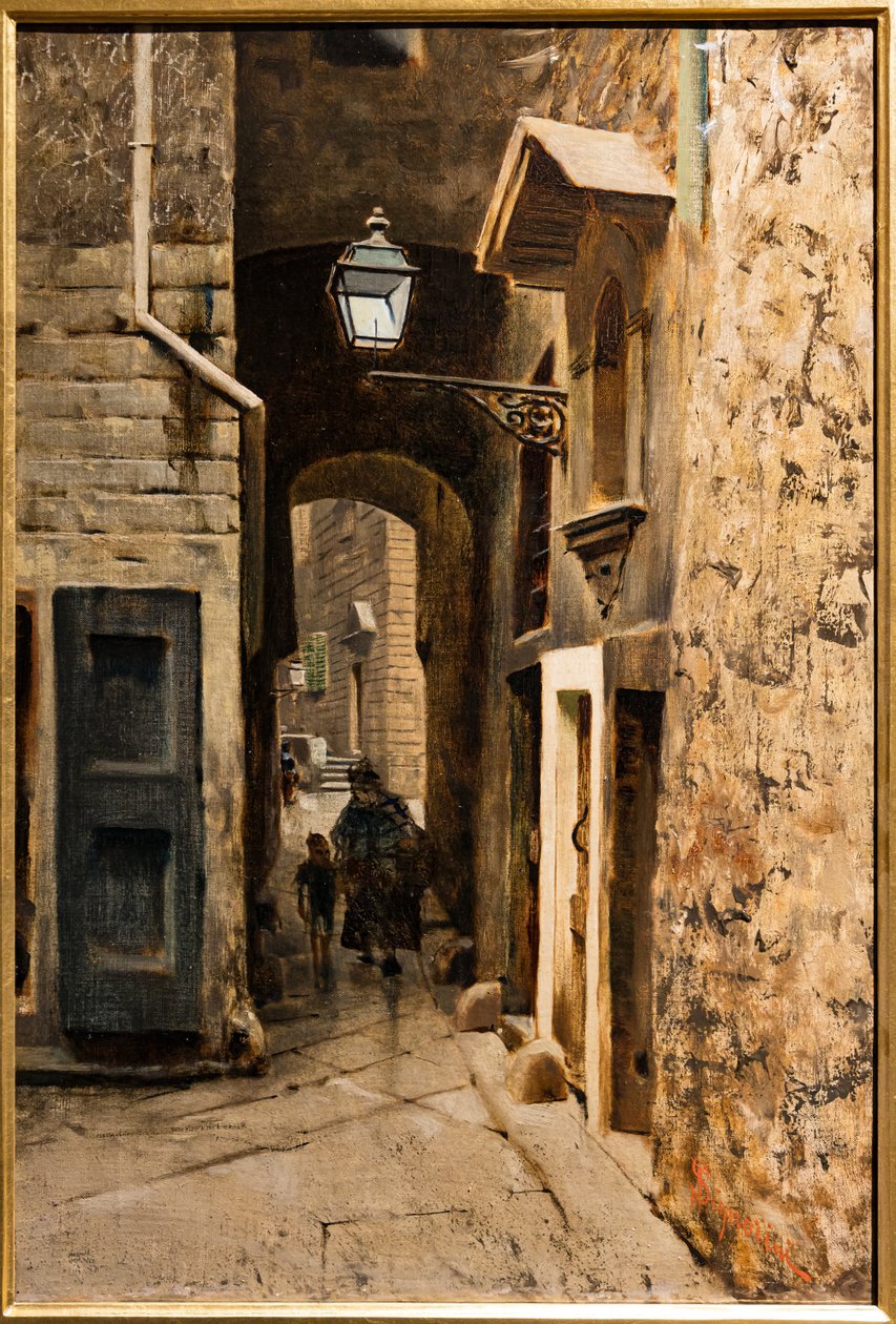 佛罗伦萨老犹太区的卡瓦列里街，c.1882（布面油画） 作者 Telemaco Signorini
