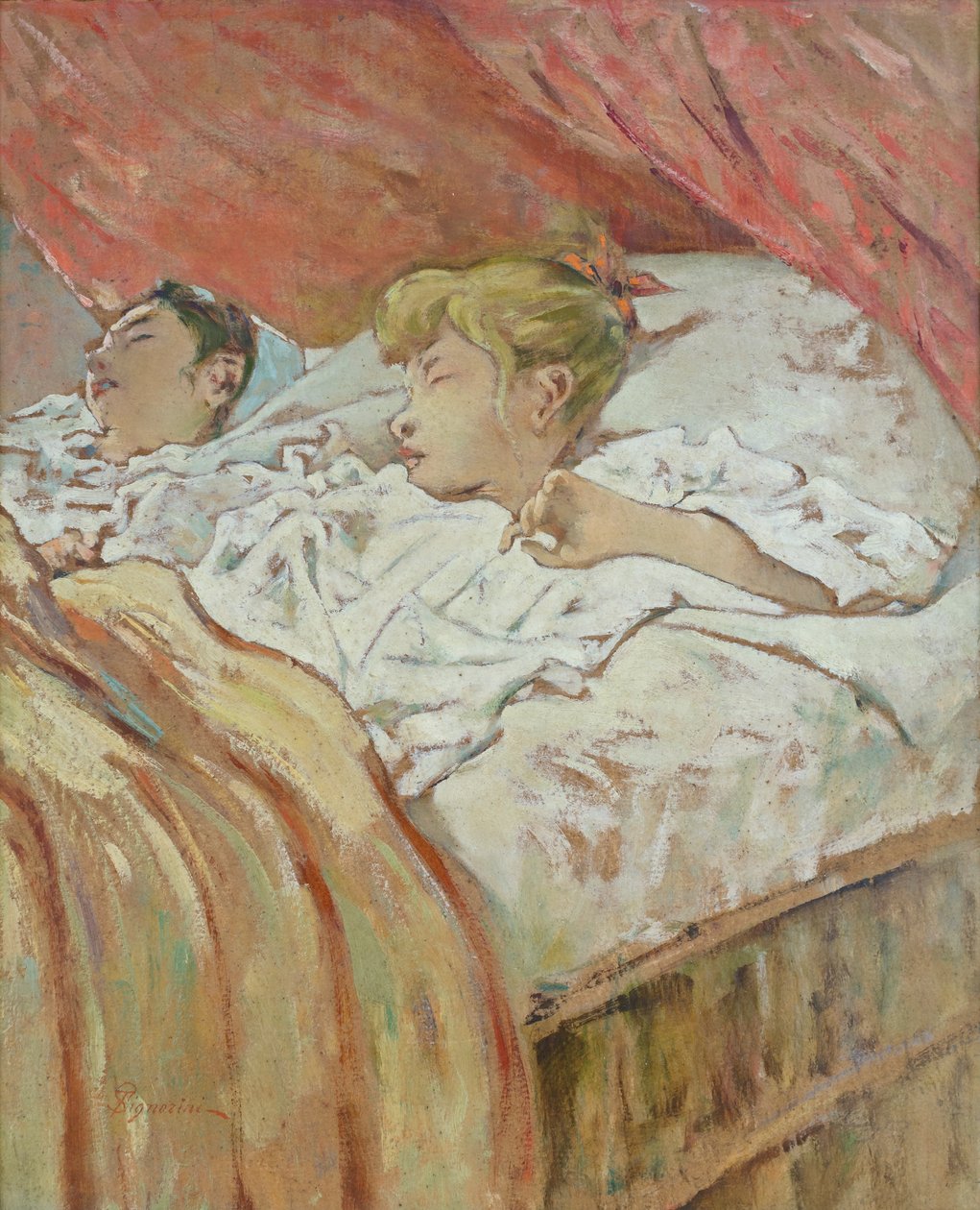 睡梦中的儿童，Telemaco Signorini（纸板油画） 作者 Telemaco Signorini