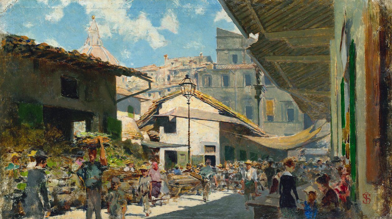 老市场，约 1882-84 年（纸板油画） 作者 Telemaco Signorini