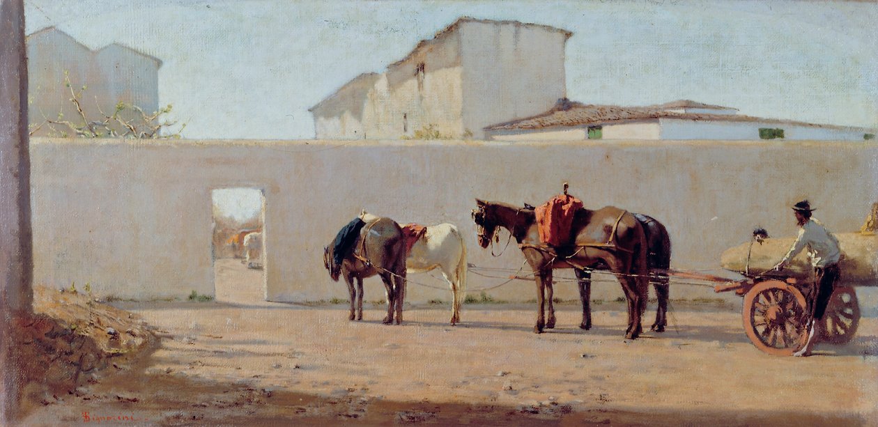 一个春天的早晨。白墙，约 1867 年（布面油画） 作者 Telemaco Signorini