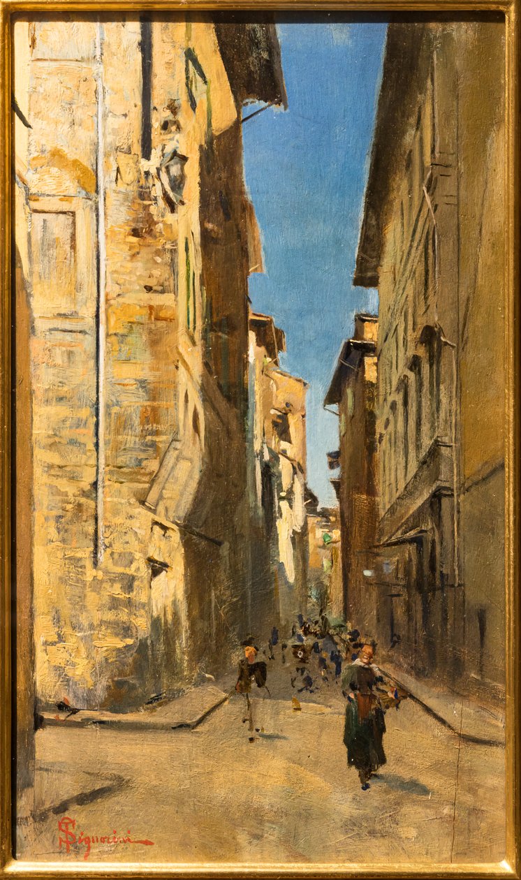 佛罗伦萨历史中心街道局部，约 1880 年（油画板） 作者 Telemaco Signorini