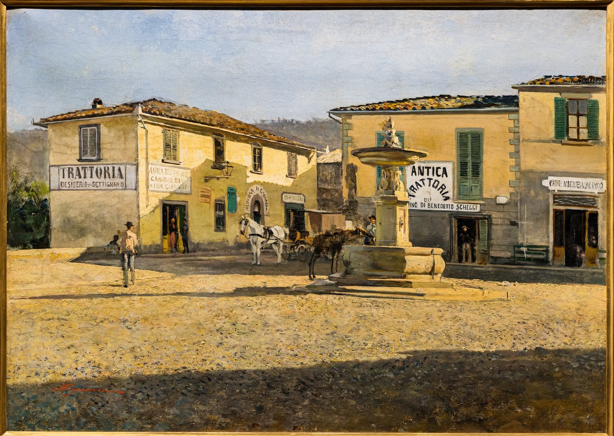 塞蒂尼亚诺广场，c.1861（布面油画） 作者 Telemaco Signorini