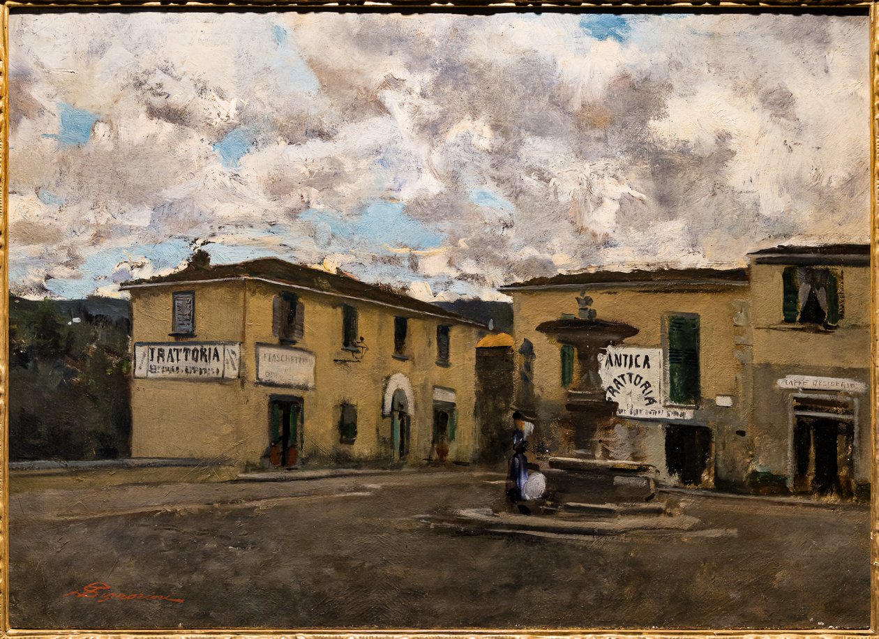 雨天塞蒂尼亚诺的小广场，c.1861（布面油画） 作者 Telemaco Signorini