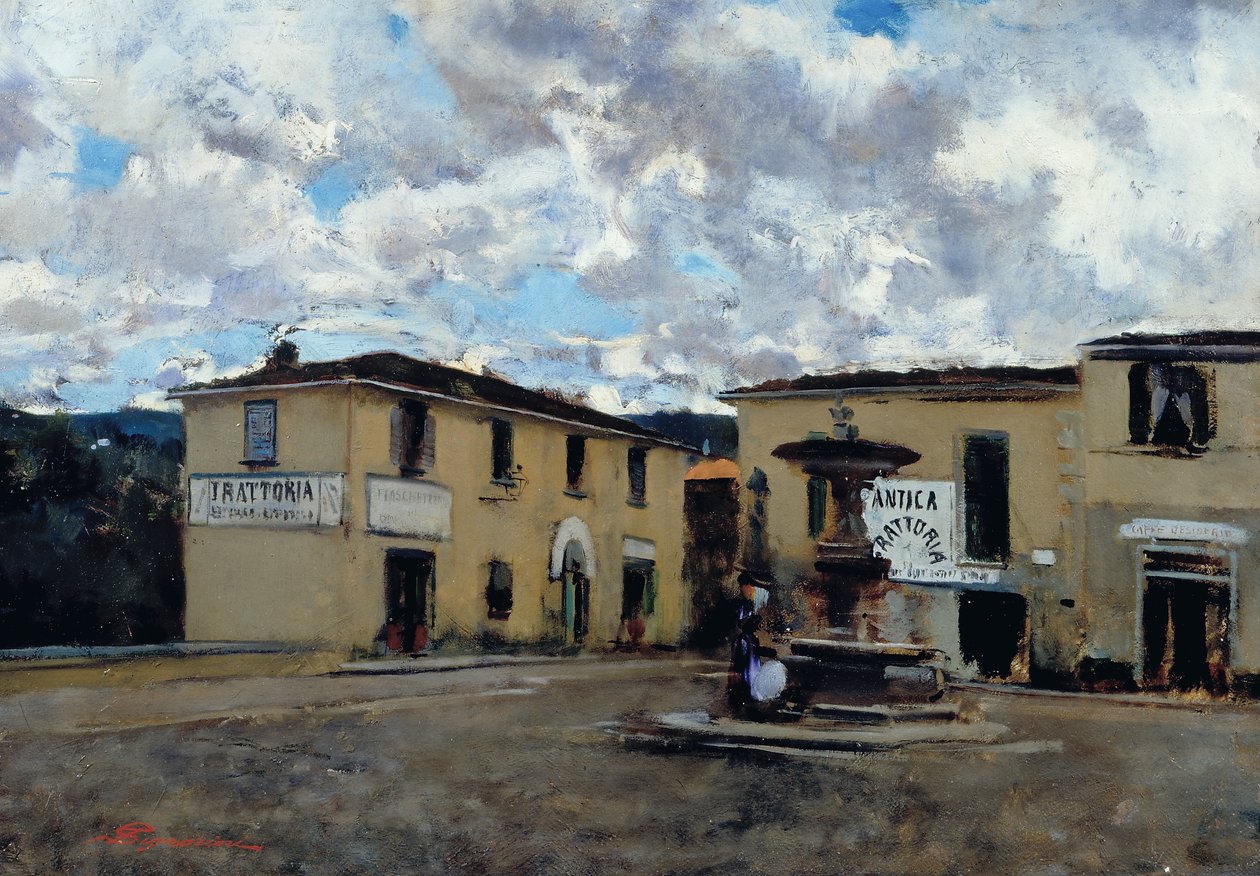 塞蒂尼亚诺广场，约 1889 年（布面油画） 作者 Telemaco Signorini