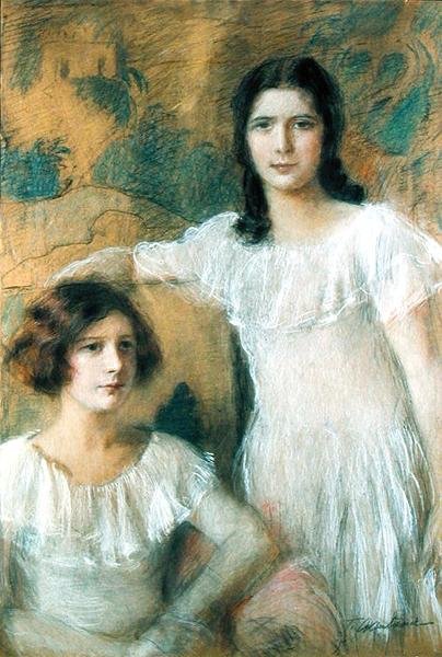 两个女孩的肖像，约1910年（板上粉彩画）。 作者 特奥多（Teodor Axentowicz）