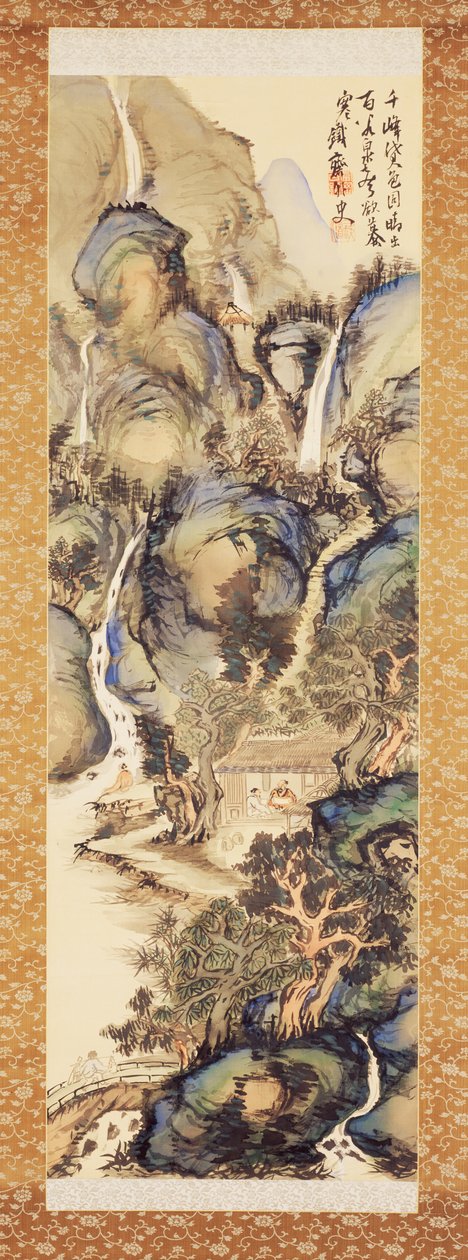蓝色和绿色的风景，1910年代初（挂轴：丝绸上的水墨和彩色）。 作者 富冈铁斋