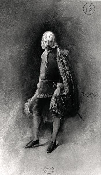 维克多-雨果（1802-85）的《鲁伊-布拉斯》（1838年）的服装，1879年在法兰西喜剧院复兴（纸上水彩）（黑白照片）。 作者 托马斯