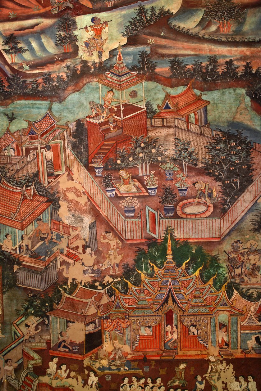 描绘Sang Thong故事的Viharn laikam壁画的细节 作者 泰国学校