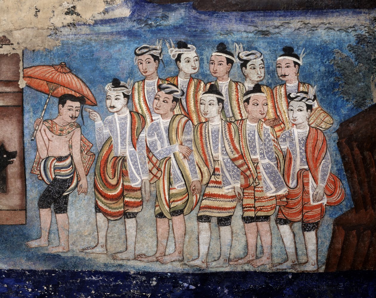 一群泰雅（Shan）男子，描绘Sang Thong Tales（壁画）的Viharn laikam壁画的细节 作者 泰国学校