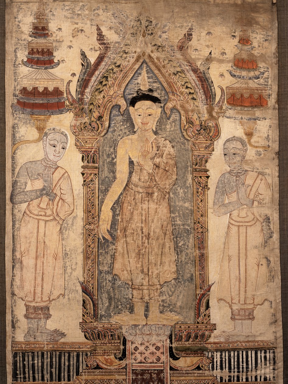 横幅描绘佛陀与门徒，19世纪初（彩绘布） 作者 泰国学校