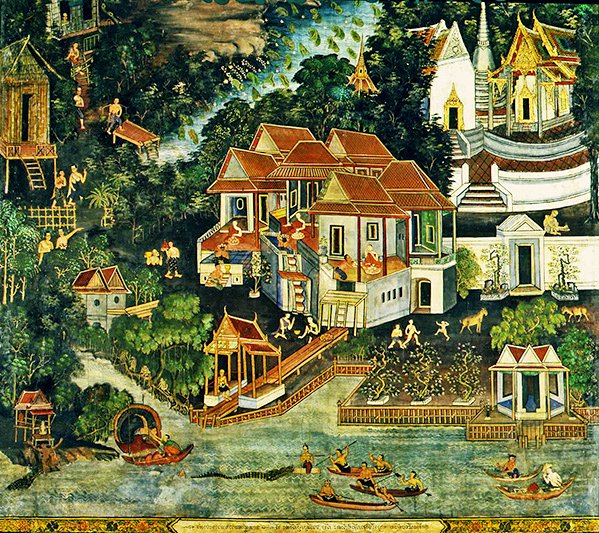 鳄鱼狩猎，曼谷Wat Bowonniwet Vihara的Wirharn Sasada（壁画）。 作者 泰国学校