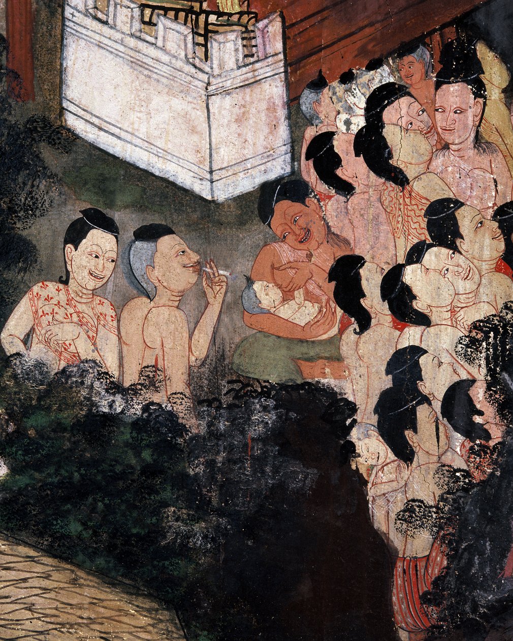 人群在葬礼上观看戏剧表演（壁画） 作者 泰国学校