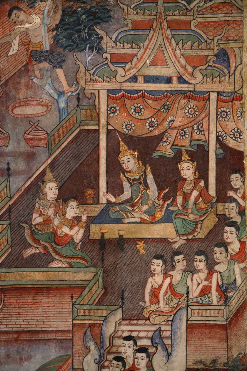 从壁画的细节在Wat Phra辛哈的Viharn laikam 作者 泰国学校
