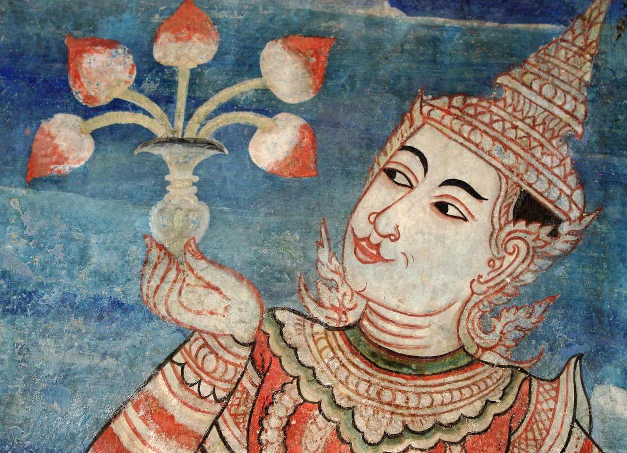 从壁画的细节在Wat Phra辛哈的Viharn laikam 作者 泰国学校
