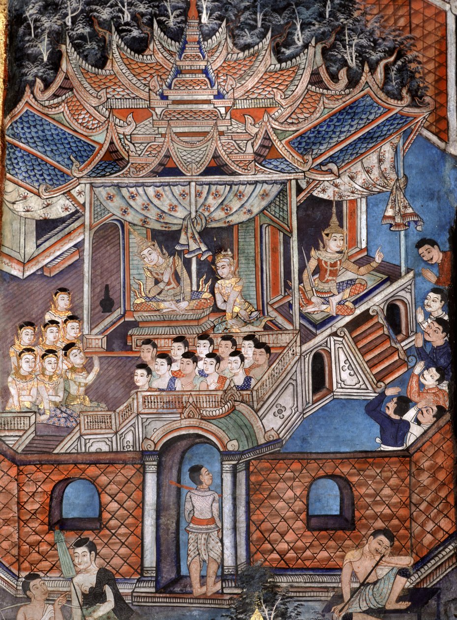 描绘Sang Thong Tales（壁画）的Viharn laikam壁画的细节 作者 泰国学校
