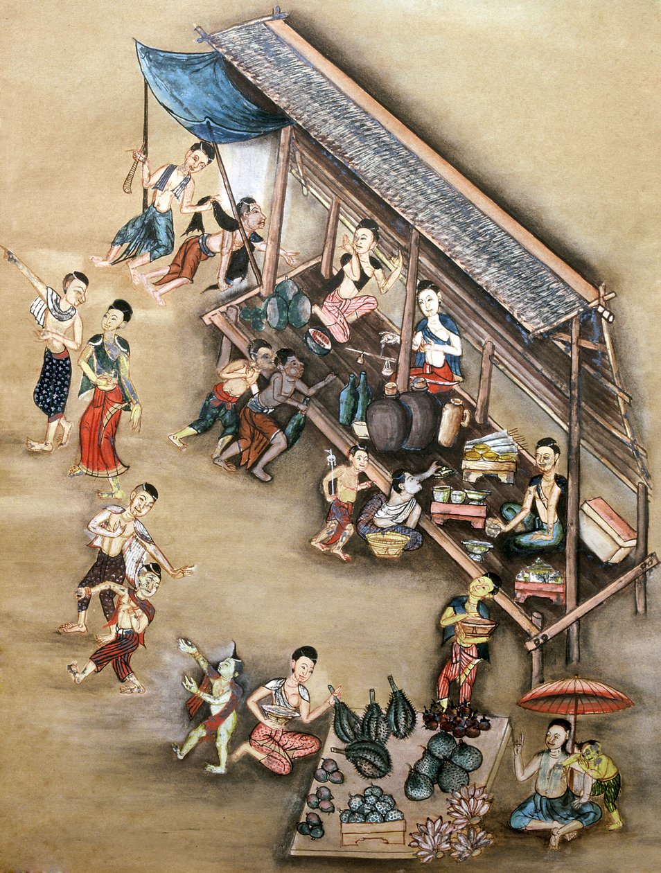 描绘市场场景的民间绘画（纸上的wc） 作者 泰国学校
