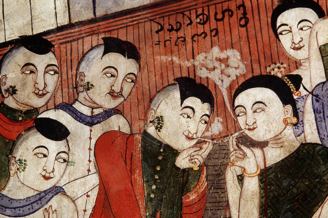 恋人吸烟，从Wat Phumin（壁画）的壁画细节 作者 泰国学校
